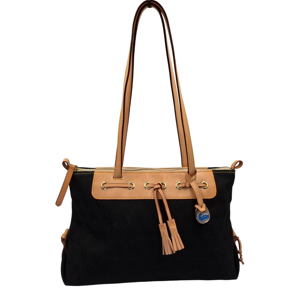 Dooney & Bourke Monogram Canvas Leather Trim Drawstring Tote Bag Black Tan‎